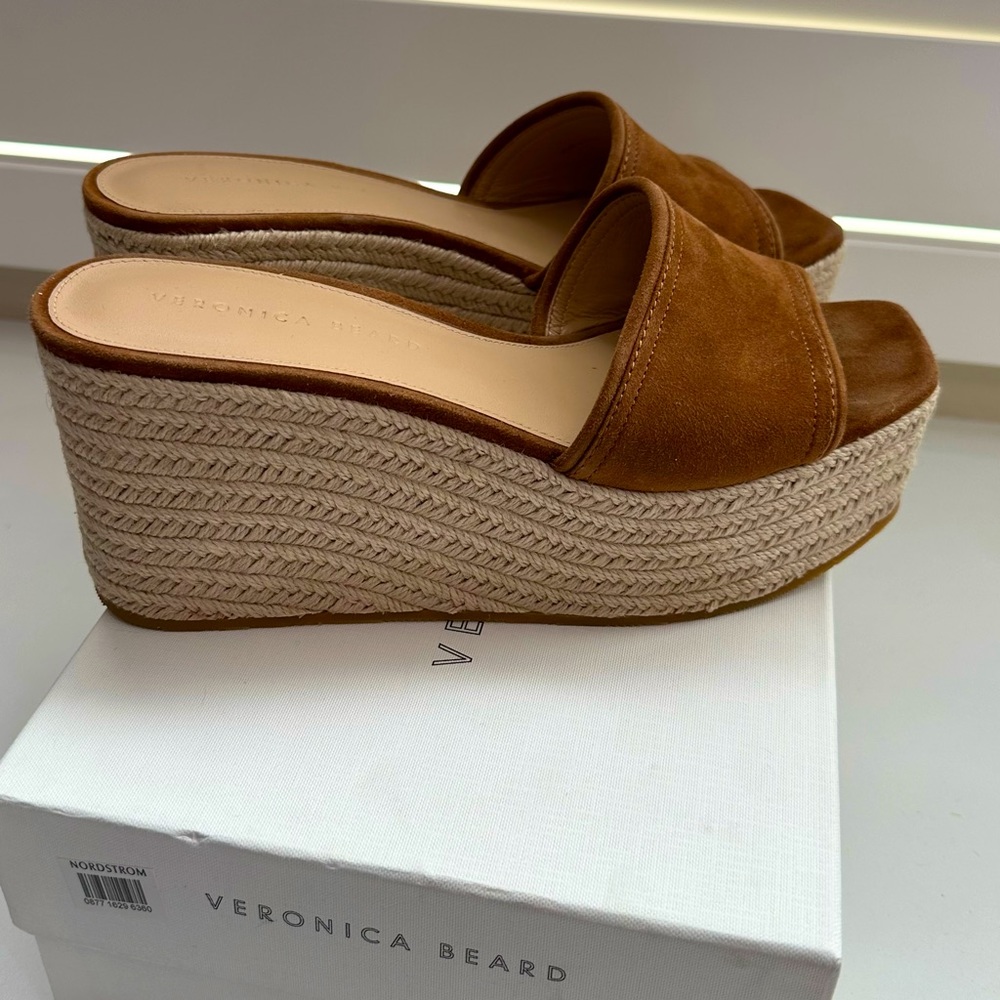 Veronica Beard Tan Suede Espadrille Wedge Slide Sandals